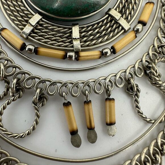 Native Style Dangle Pendant Green Faux Stone Bamboo Stick Silver Fringe - Picture 9 of 9